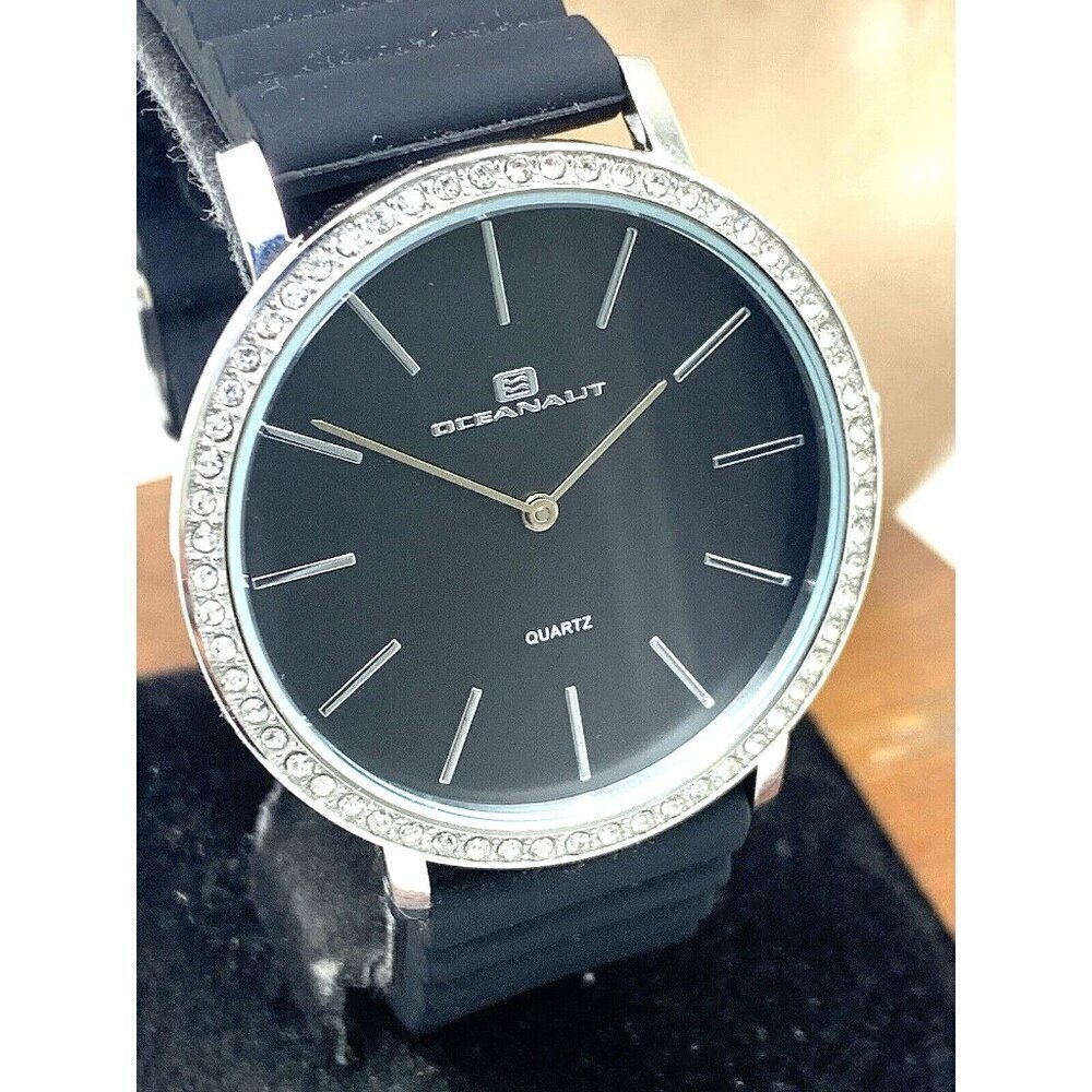 Oceanaut Women's Watch OC0261 Quartz Silver Black Dial Gemmed Rubber Band 40mm